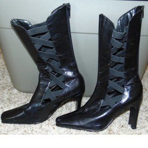 Womens Leather Boots Stefani Black 8 Genuine Leather Mid Calf Cross Side Heels
